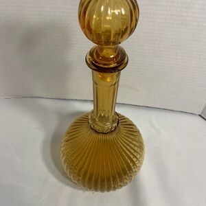 Vintage 1960 Amber Ribbed Glass Decanter Bottle With Lid